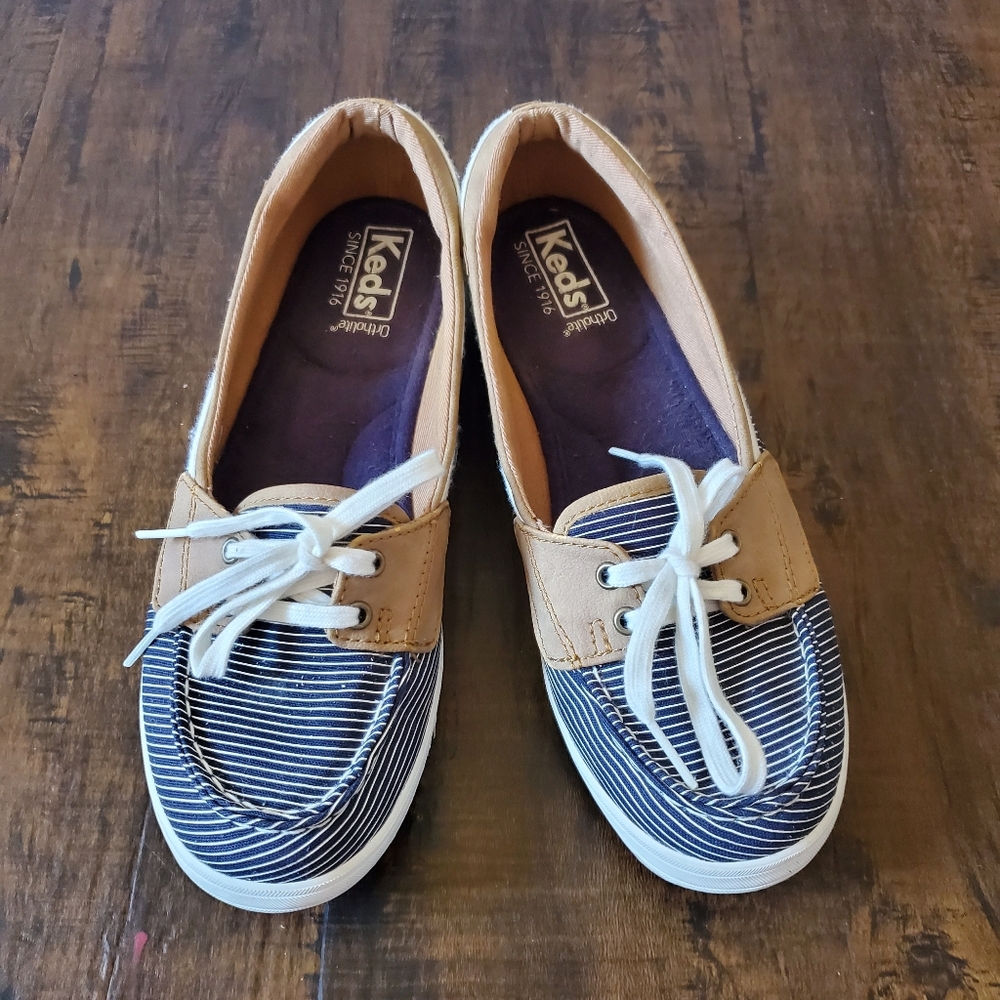 Keds  Women Glimmer Lace Up Ortholite Boat Shoes Navy and Tan Nautical Size 7 US - Picture 2 of 8